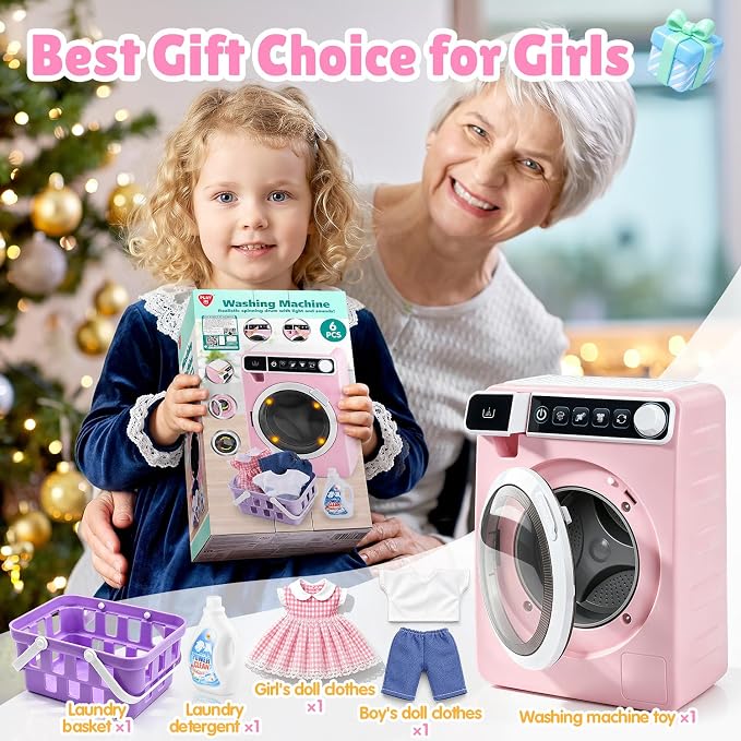 Kids Toy Washing Machine, Realistic Pretend Play Appliance for Girls, Interactive Toy Dollhouse Furniture, Play Washer and Dryer Playset with Spinning Drum (Pink)