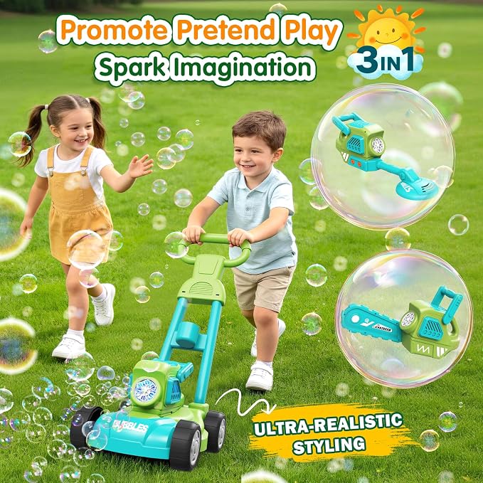 Bubble Lawn Mower for Kids,3-in-1 Bubble Machine Blower Toy Ages 3-8 Green | Automatic Bubble Blower,10 Solution Packs,Pretend Gardening Play,Push Toy for Toddlers,Summer Outdoor Gift for Boys and Girls