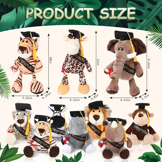 HyDren 10 Pieces 9 Inches Graduation Safari Stuffed Animals Set Plush Safari Stuffed Animal Elephant Giraffe Lion Tiger Monkey Rhinoceros Zebra Leopard Hippo for 2026 Graduation Party Favors Gifts