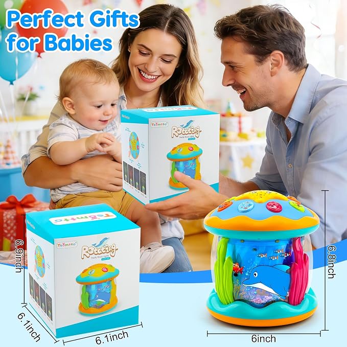 Tsomtto Baby Toys Ocean Projector Rotating Musical Light Up Tummy Time Toys for Infants Baby Aquarium Crawling Toys Newborn Boy Girl Birthday Shower Gifts