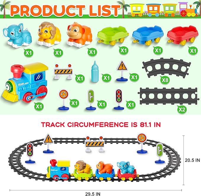 Train Set for Toddlers with Steam, Music, Lights and 3 Animal Cars | Electric train fun meets animal play with music, lights and a playful steam effect.