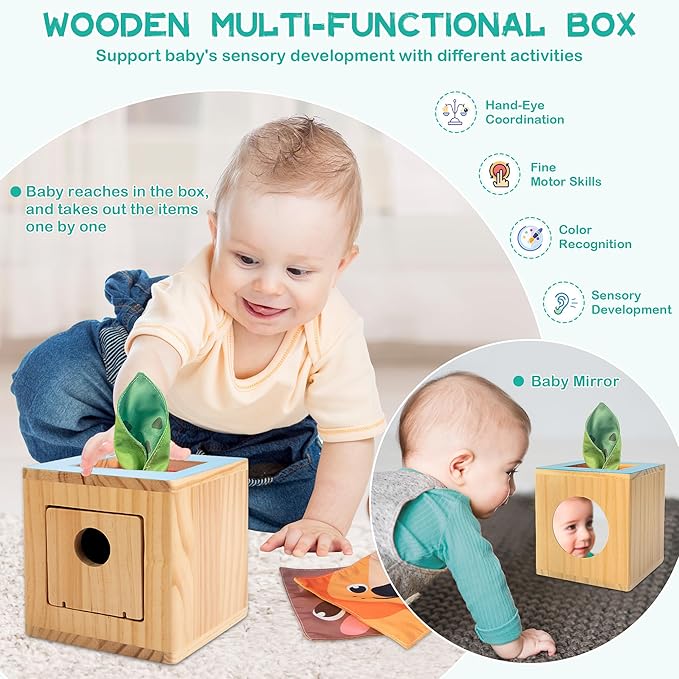 WOODMAM Montessori Toys for Babies 0-6 Months, 9 in 1 Learning Educational Baby Gifts for Newborn 0-3-6 Months, Includes High Contrast Cards, Baby Tissue Box Toy, Spinning Drum, Teether and More