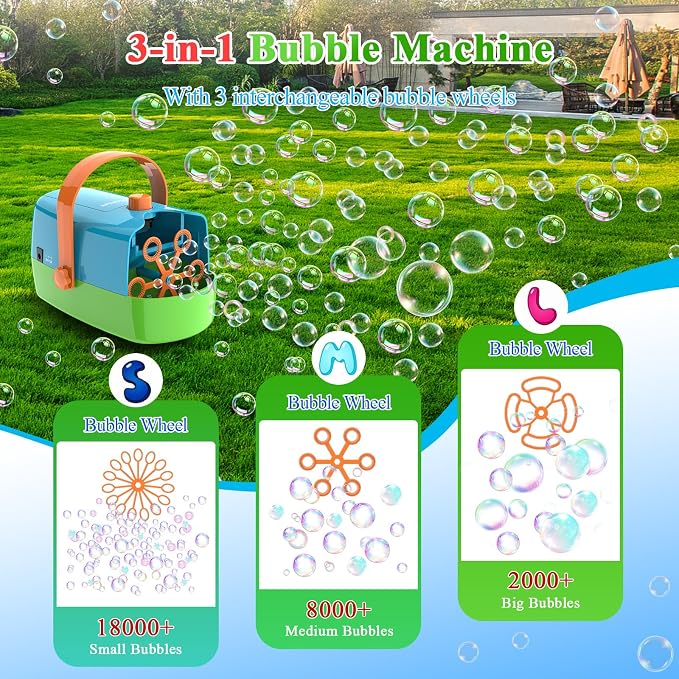 Wisdomlit Bubble Machine, 3-in-1 Bubble Maker, Bubble Blower with 3 Bubble Wheels, Make Small | Medium | Big Bubbles for Kids Toddlers, Bubble Toys for Indoor Outdoor Birthday Party (Multi-Color)