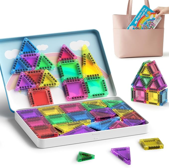 Mini Magnetic Tiles for Kids Travel: 40 PCS Pocket Magnet Building Blocks in Tin Box to Stop Crying - 60 Mins Quiet Play at Church Restaurant - Boys Girls Age 3-8