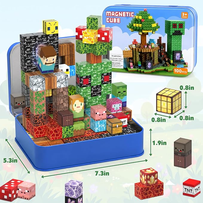 AIDYVOI 100PCS 0.8in Magnetic Blocks - Magnet Toys Travel Set for Boys, STEM Magnetic Building Blocks for Kids 3+, Stacking Magnet Blocks with Metal Box, Educational Construction Toys Gift