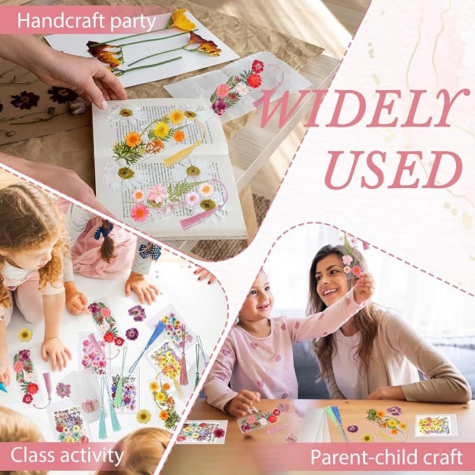 kmfosaat 344 Pcs Pressed Flower Bookmark Making Kit, 50 Laminating Pouches with 242 Dried Flowers, 50 Tassels, Tweezer and Punch, Party DIY Crafts Bookmark for Reading Women Kids