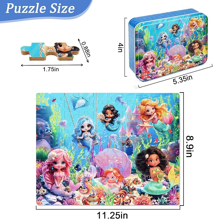 MZZOTOY Mermaid Princess Puzzles for Kids Ages 4-8, 100 Pieces Jigsaw Puzzles for Kids Ages 3-5 Puzzle for Girls and Boys Learning Educational Puzzles Toys in a Metal Box