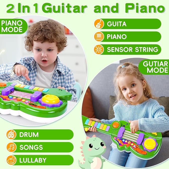 Dinosaur Kids Guitar 2-in-1 Musical Instruments for 3 4 5 Year Old Boys Girls Gifts, Toddler Electric Guitar Piano Toy with Strap & Dino Design (Green)