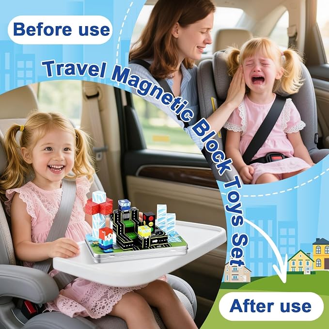 QOUBAI 45PCS Mini Magnetic Blocks Travel Toys, Magnet Building Cubes Tiles Set with Portable Iron Case, Learning Activities Gifts for Kids Toddlers Boys & Girls Ages 3-8 (Traffic Road)