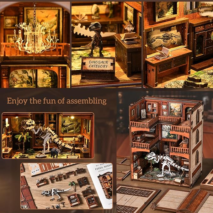 Book Nook 3D Wooden Puzzle Mini Building Kit DIY Dollhouse Diorama, Miniature Bookshelf Decor Unique Gift for Family and Friends - Fossil Museum
