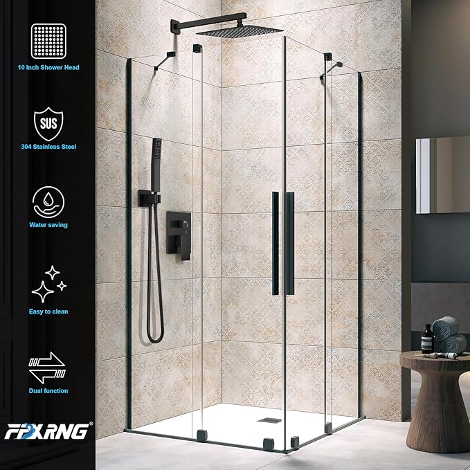 FPXRNG Black Shower Faucet Set, Rainfall Shower System with Square Shower Head and Handle Set, Wall Mounted Shower Fixtures, Full Metal Trim Repair Kit 12 inch Matte Black (With Shower Valve)