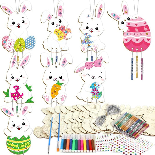 gisgfim 16 Pack Easter Bunny Wind Chime Kits Easter Crafts for Make Your Own Easter Rabbit Wind Chime Wooden DIY Art and Crafts for Spring Party Hanging Decoration Supplies Birthday Favor