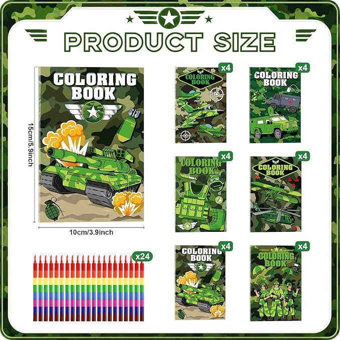 Cinrobiye 24 Set Coloring Books DIY Bulk Mini Ten Plagues Coloring Booklet with Stacking Crayons for Jewish Family Pesach Favors Goodie Bags Stuffer School Classroom Activity Rewards (Military)