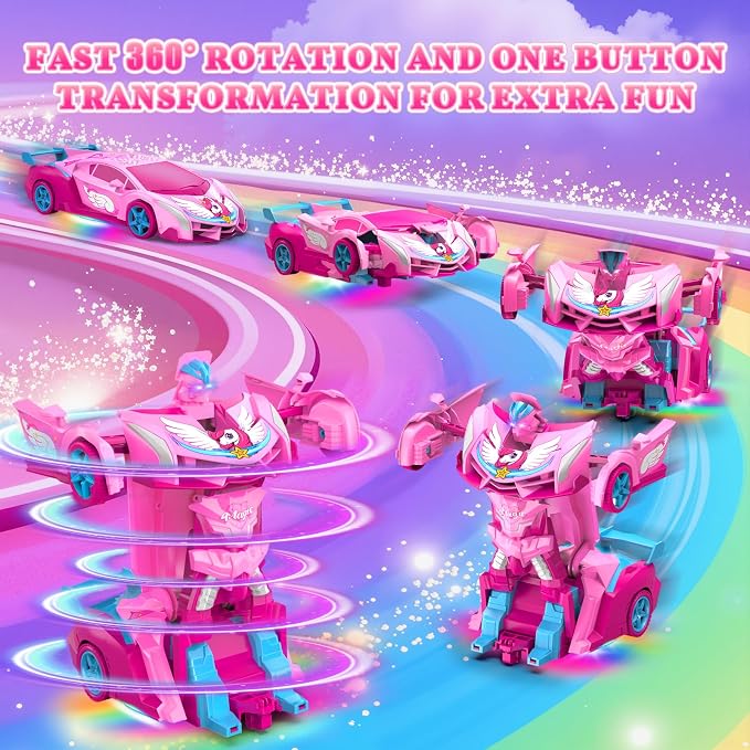 Pink Unicorn Transform RC Cars for Girls Toys with Rainbow Eyes & Underbody Lights, Fast 360°Rotation & 2.4GHz Robot Remote Control Car One-Button Deformation,Birthday Gifts for 3-12 Year Old Girls