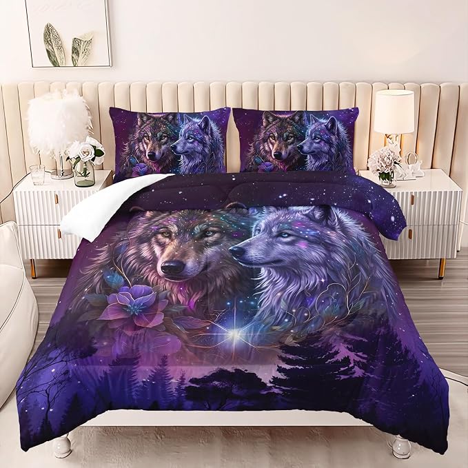 AILONEN Purple Galaxy Wolf Comforter Set - 3-Piece Twin Size Mystical Animal Starry Night Bedding for Room Decor, 2 Pillowcaases