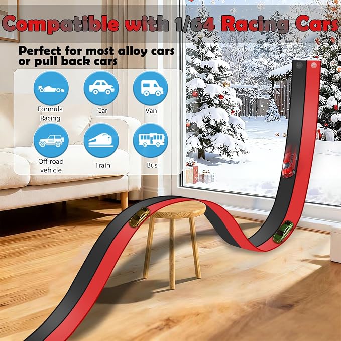 Flexible Race Track 15 Ft Starter Set, Flex Tracks for Kids 3+ with Strong Suction Cups, Flexible Car Race Ramp Track Compatible with Hot Wheels and Diecast 1/64 Cars, Portable Rolls Up Race Tracks