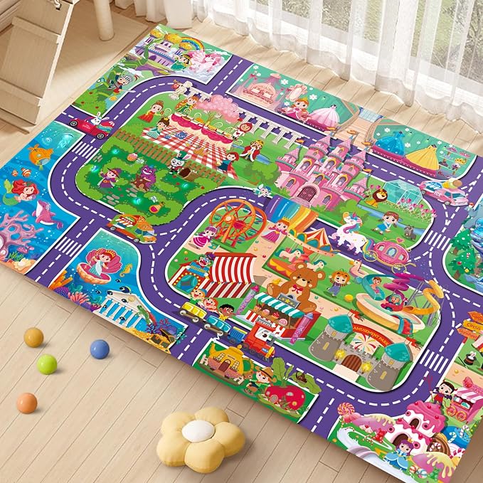 Oriate Kids Dream Mat Girls Toy Car Playmat, Princess Castle Girl Pink Kids Play mat, Parent-Kid Interaction Pretend Game for Playroom Bedroom Floor, Ideal Girl Toys Play and Learn