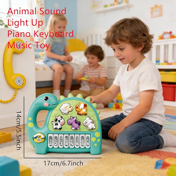 Baby Piano Drum Music Toy 6-12 Months, Dinosaur Light Up Musical Keyboard Animal Sound, Toddler 12-24 Early Learning Educational Interactive Infant Toys Girl Boy Gift 1 Year Old