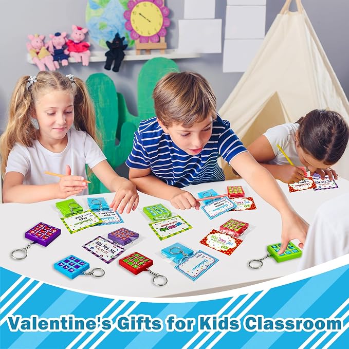 Valentines Day Cards Gifts for Kids School Classroom - 28 Pack, Valentine Exchange Card with Tic Tac Toe Game Keychain for Toddler Boys Girls, Party Favors Non Candy Treat Goodie Bag Stuffer Toy Prize