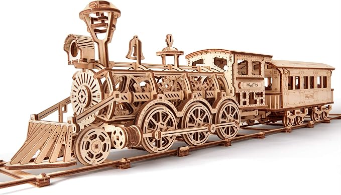 Wood Trick Wooden Toy Train Set with Railway - 34x7″ - Locomotive Train Toy Mechanical Model Kit - 3D Wooden Puzzles for Adults to Build - Engineering DIY Models for Adults to Build