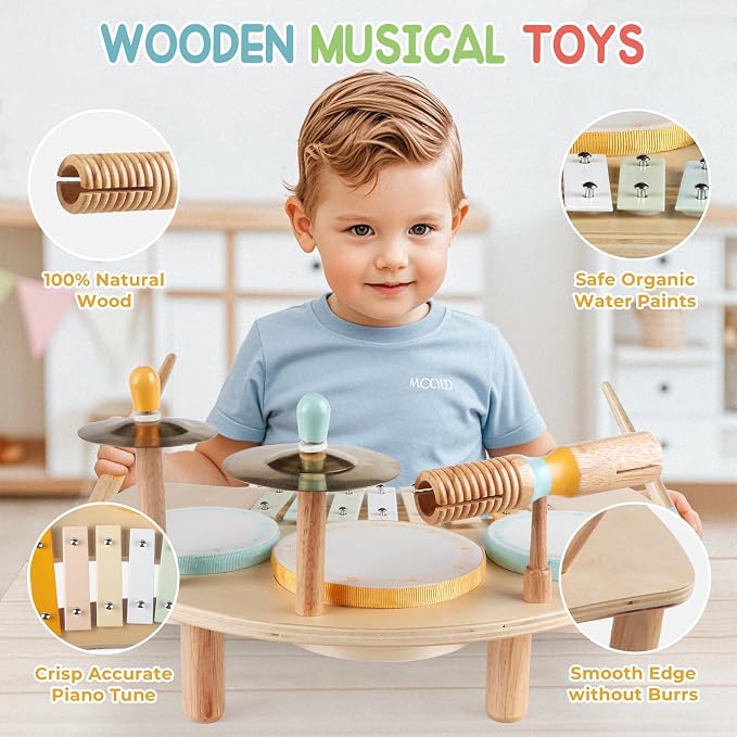 Kids Drum Set Montessori Musical Instruments for Toddlers 1-3, Wooden Baby Drum Kit with Xylophone, Preschool Music Toys for Early Learning, Educational Birthday Gift for Boys Girls (Multicolored)