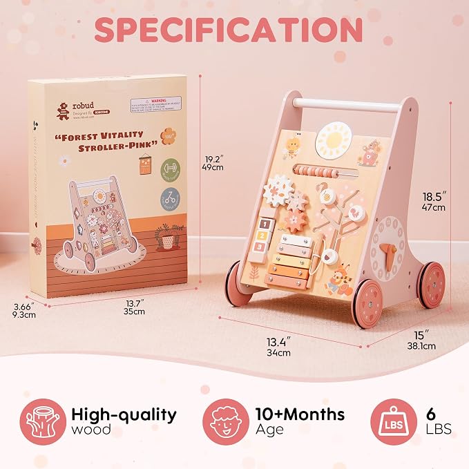 ROBUD Wooden Baby Walker, Baby Push Walker with Activity Center and Storage, Montessori Walker Toy for Boys and Girls Learning to Stand and Walk, Pink