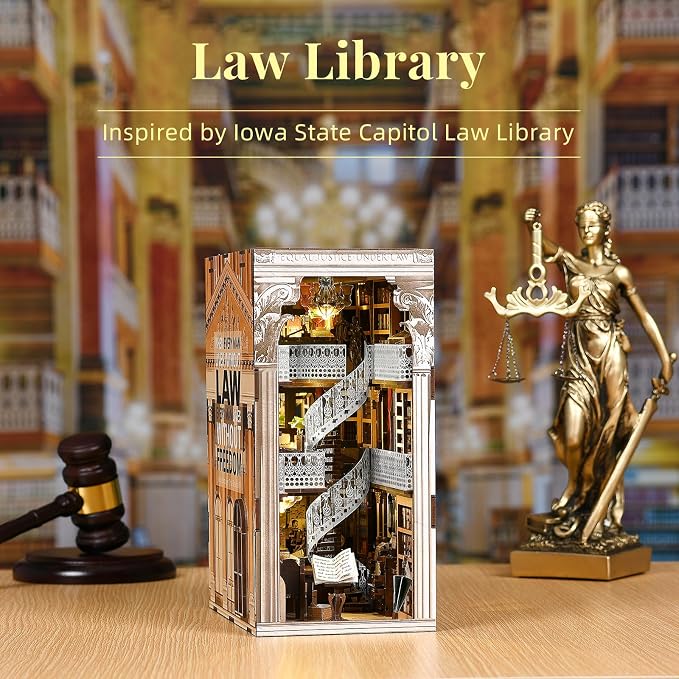 MiniCity DIY Book Nook Kit, Miniature Dollhouse Booknook Kit, 3D Wooden Puzzle Bookend Bookshelf Insert Decor with LED Light for Teens and Adults (Law Library)