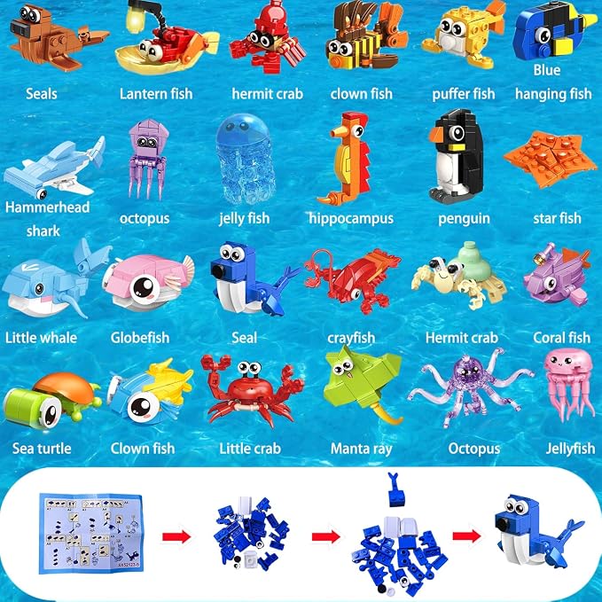 24 Pack Party Favor for Kids Building Set, Mini Ocean Animals Building Blocks Toy for Goodie Bag Stuffers, Classroom Prizes, STEM Toys for Boys,Easter Basket Stuffers, Birthday Gifts