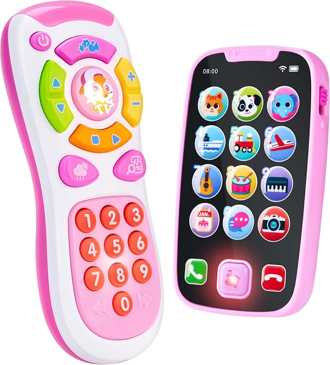 JOYIN Baby Learning Phone and Remote Toy for Toddler, Pink Smartphone Toys with Music for Infants, Kids, Holiday Stocking Stuffers, Birthday Gift for Girls