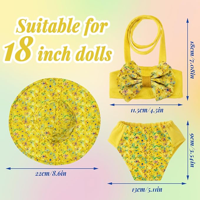 Kajaia 8 Pcs Butter Yellow 18 Inch Doll Clothes and Accessories Doll Swimsuit Dress Flip Flop Hat Outfit Swimsuit Accessories