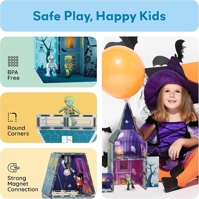 PicassoTiles Scary Haunted House Magnetic Tiles Building Block with 8 Halloween Theme Action Figure Magnet Construction Toy Kit Double-Sided Mansion STEM Playset Adventure Boys & Girls Ages 3+ PTQ03