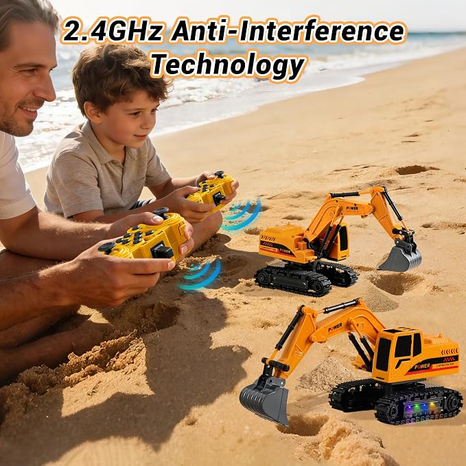 Remote Control Excavator Toy 12-Channel Mini RC Excavator with 2 Batteries & Metal Bucket Lights Sounds RC Digger Construction Vehicles Toys for Boys 3+ Years Old