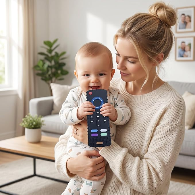 SOLIFEGOBLE Silicone TV Remote Teething Toy, BPA-Free Food Grade Teether for Babies 6-24 Months, Soft Chew Toy with Textured Buttons, Teething Relief & Sensory Play Black