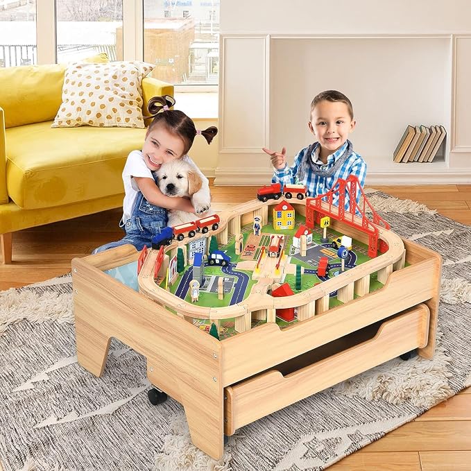 Costzon Train Table with 100 Multicolor Pieces, Wooden Kids Activity Table with Large Rolling Storage Drawer, Tracks, Cars, DIY Design, Train Set Table for Toddlers 3+, Gift for Boys Girls