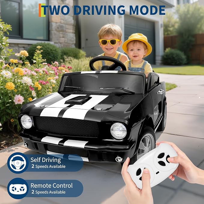 Garvee 24V 2 Seater Ride on Licensed Shelby GT350, Battery Powered Ride on Toys for Kids with Remote Control, Ford Shelby Kids Electric Vehicle 2 Seat, Safety Belt, 2 Speeds, LED Lights, Black