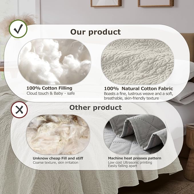 palassio Beige Paisley 100% Cotton Quilt Queen Size Bedding Sets with 2 Pillow Shams, Boho Floral Lightweight Farmhouse Country Vintage Soft Bedspread Shabby Chic Coverlet for All Season, 3 Pieces