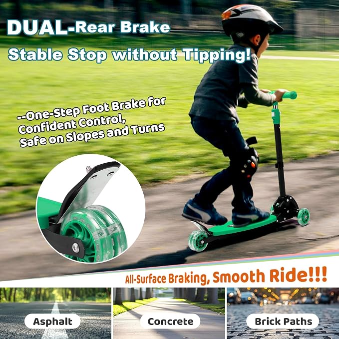 3 Wheel Kids Kick Scooter for Ages 3-12, Lean-to-Steer, Light-Up Wheels, 3-Level Adjustable Handlebar 27.5”-33”, Wide Non-Slip Deck, Dual Rear Brake,Travel Foldable, for Boys & Girls Toy Gifts