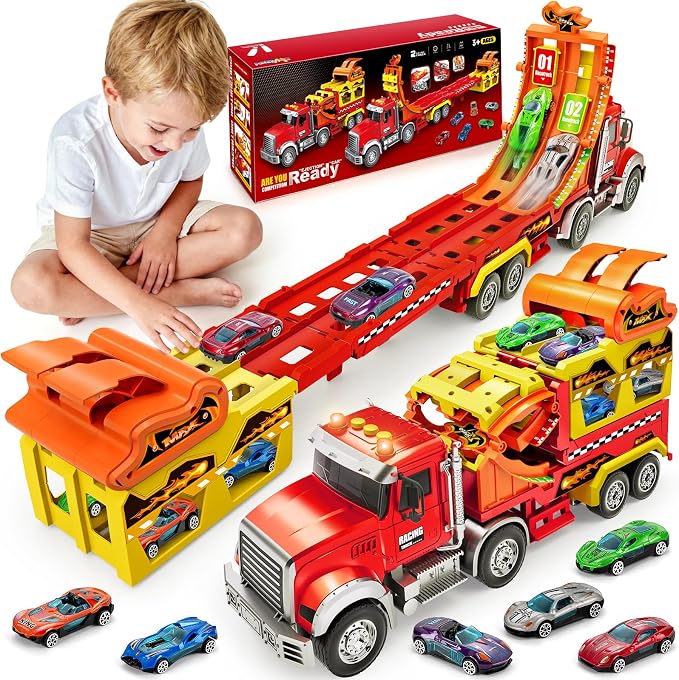 Kids Toys for 3 4 5 6 7 8 Years Old Boys, Carrier Truck Transport Car with Lights Sounds, Foldable Layer Car Race Track Playset with Race Track, 6 Metal Toy Cars, Christmas Birthday Gift for Toddler