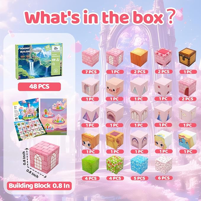 Magnetic Blocks Building Toys for Kids, 48 PCS Magnetic Blocks for Kids Ages 4-8, Magnet Cubes, STEM Sensory Toys for Girls, Holiday Birthday Gifts for Kids Ages 3+