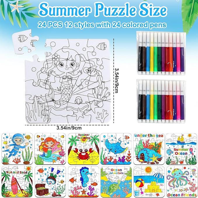 24 Set Summer Crafts for Kids Bulk, Summer Ocean Activities Puzzle with Mermaid Fish Starfish Animal, Camp Beach Arts and Crafts Classroom Gifts, Under the Sea Theme Party Favors, June Coloring Games