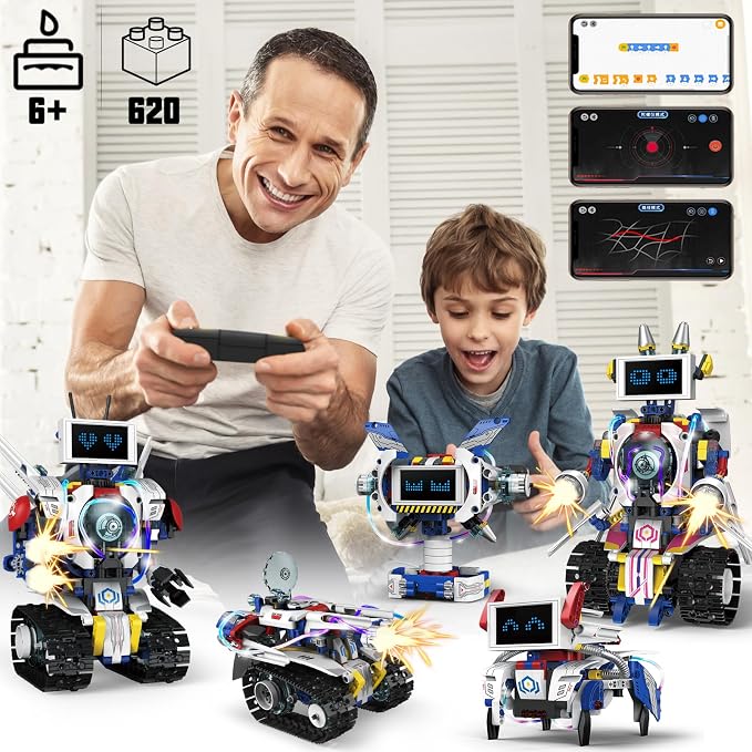 VOPOGLNE 5 in 1 STEM Robot Building Kit, APP & Remote Control Screen Building Toys, Eye Coding Robots Rechargeable, 620Pcs DIY Super Warriors for Kids Learning, Boys Girls Birthday Gifts