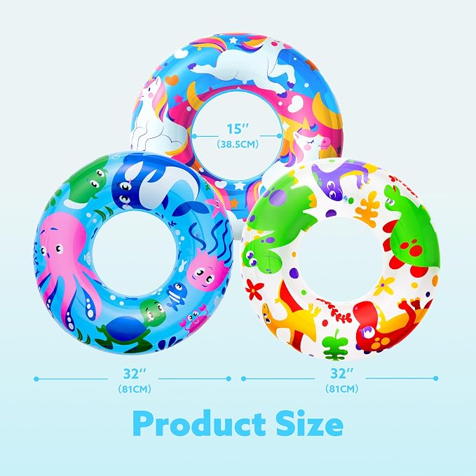 JOYIN 3 Pack Pool Floats, Pool Tube for Kids Swim Rings Inflatable Tubes, Unicorn Sea Animal Tubes Floatie Ring Water Toys for Swimming, Summer Beach Party