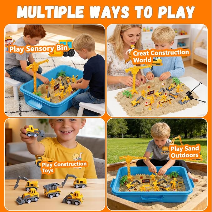 Construction Sensory Bin with Lid, 2.2lbs Magic Sand & 5 Construction Trucks, Sensory Sand Kit Construction Toys for 3 4 5 6 7 8+ Year Old Boys Toddlers Christmas Birthday Gift