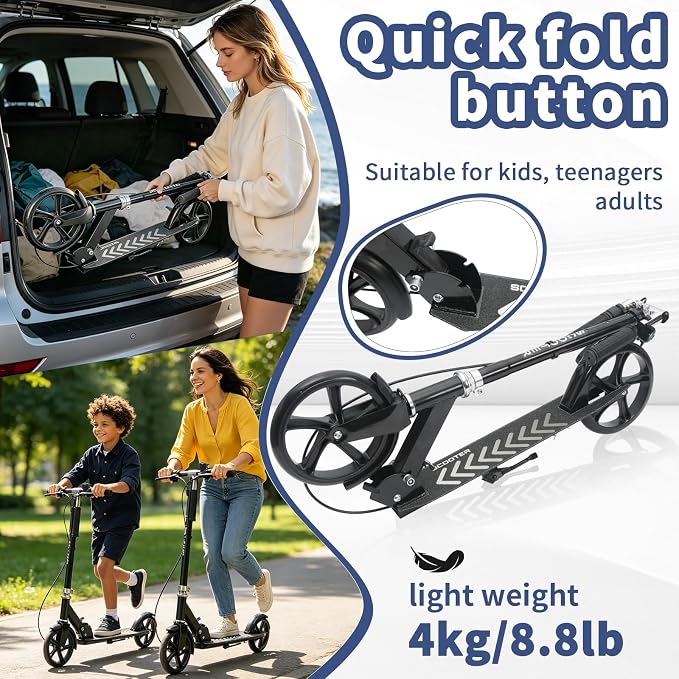 Scooters for Kids 8-12,Scooter for Teens Adults with 8-Inch Big Wheels Foldable Lightweight, 4 Adjustable Height Levels, 240 lbs Max Load Portable Scooter with Hand Brake