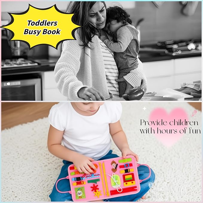 Busy Board for Toddlers，Montessori Busy Board with Sensory Activities, Fine Motor Skills Learning Toy, Travel Activity Book for Airplane and Car, Educational Gift for Boys and Girls