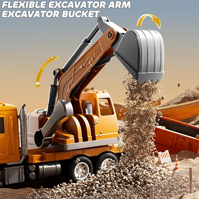 JUKUDAHU Excavator Toys for Boys Aged 3-5 4-6, Play Excavator with Light and Sound, Toy Truck Construction Vehicles Cars for Kids 2-4 4-7 Years Old, Birthday Gift for Girls Toddlers 1-3