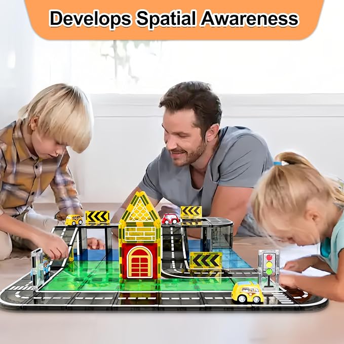 Drofex 42pcs Magnetic Tiles Road, Magnetic Building Blocks City Construction Toys for 3+Year Old Boys Girls, Kids Montessori Toys for Toddler, STEM Learning Gifts
