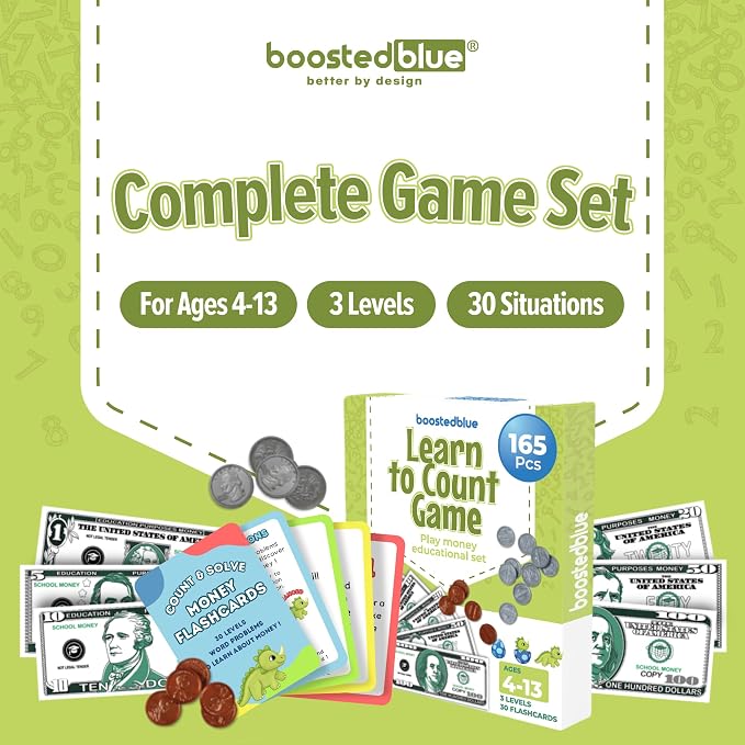 BOOSTEDBLUE Learn to Count Educational Play Money Game | 165 Piece Classroom Set | Ages 4+ | Paper Bills & Plastic Coins | Toy Money & Banking Play Set for Kids
