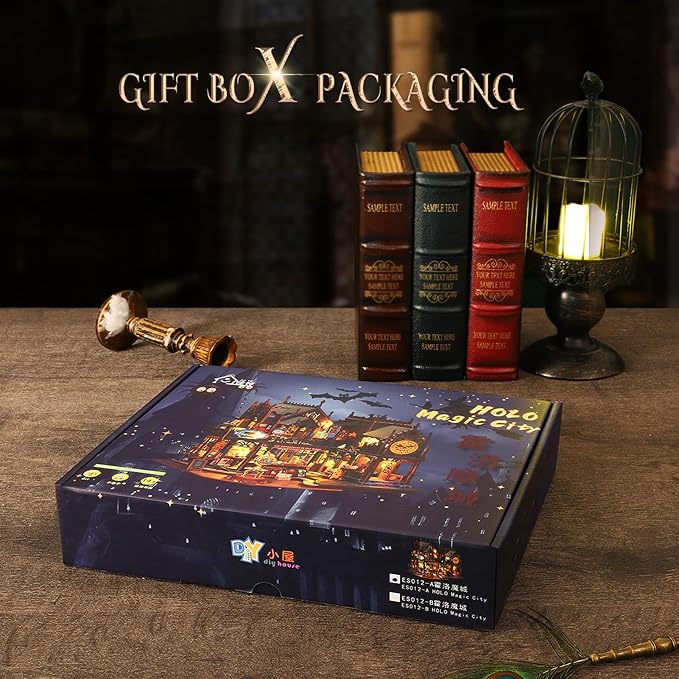 Plustopoy Miniature House Kit DIY Mini House Building Kit with LED Light, DIY Mini Dollhouse with Furniture Book Nook Kit, 3D Wooden Puzzle Wooden Bookend Shelf Insert Decro (Holo Magic City)