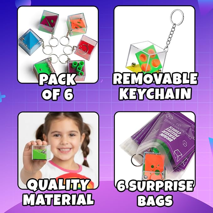 Brain Teaser Puzzle Cubes on Keychain (6 Pack) - Mini Maze Toys for Kids, Unique Party Favors, Goodie Bag Fillers, Treasure Box Classroom Rewards, Bulk Small Toys for Boys & Girls